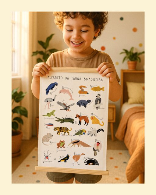 De Arara-azul ao Zorrilho conhecer cada animal e aprender o alfabeto é uma importante ferramenta para o desenvolvimento cognitivo e pessoal das crianças de diferentes maneiras.

O pôster Alfabeto da Fauna brasileira foi criado para ajudar nossas crianças a crescerem conhecendo mais sobre a importância dos bichinhos e das palavras de uma forma divertida.

Leve os animais que você encontra na fauna brasileira para o quarto do seu filho(a) de forma lúdica e conheça nossos bichos de A a Z! ❤️🦜

Mais informações estão disponíveis no nosso site. (link na bio)