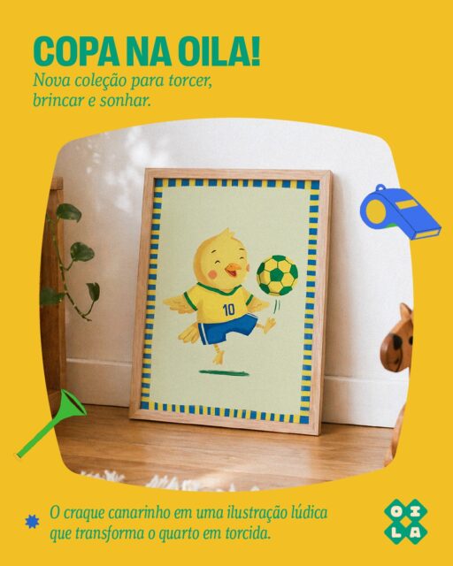 Tem coleção nova entrando em campo por aqui ⚽
A Copa na OILA chegou com pôsteres e adesivos inspirados nos símbolos, cores e na alegria do futebol brasileiro. Tudo pensado para transformar o quarto em um espaço de brincar, sonhar e torcer.

Porque infância também é feita de memória afetiva, cultura e brasilidade. 💚💛💙